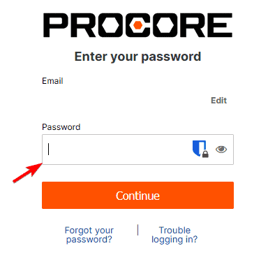 صورة توضيحية لحقل إدخال كلمة المرور في Procore
