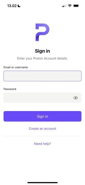 شاشة تسجيل الدخول إلى Proton Mail على الهاتف