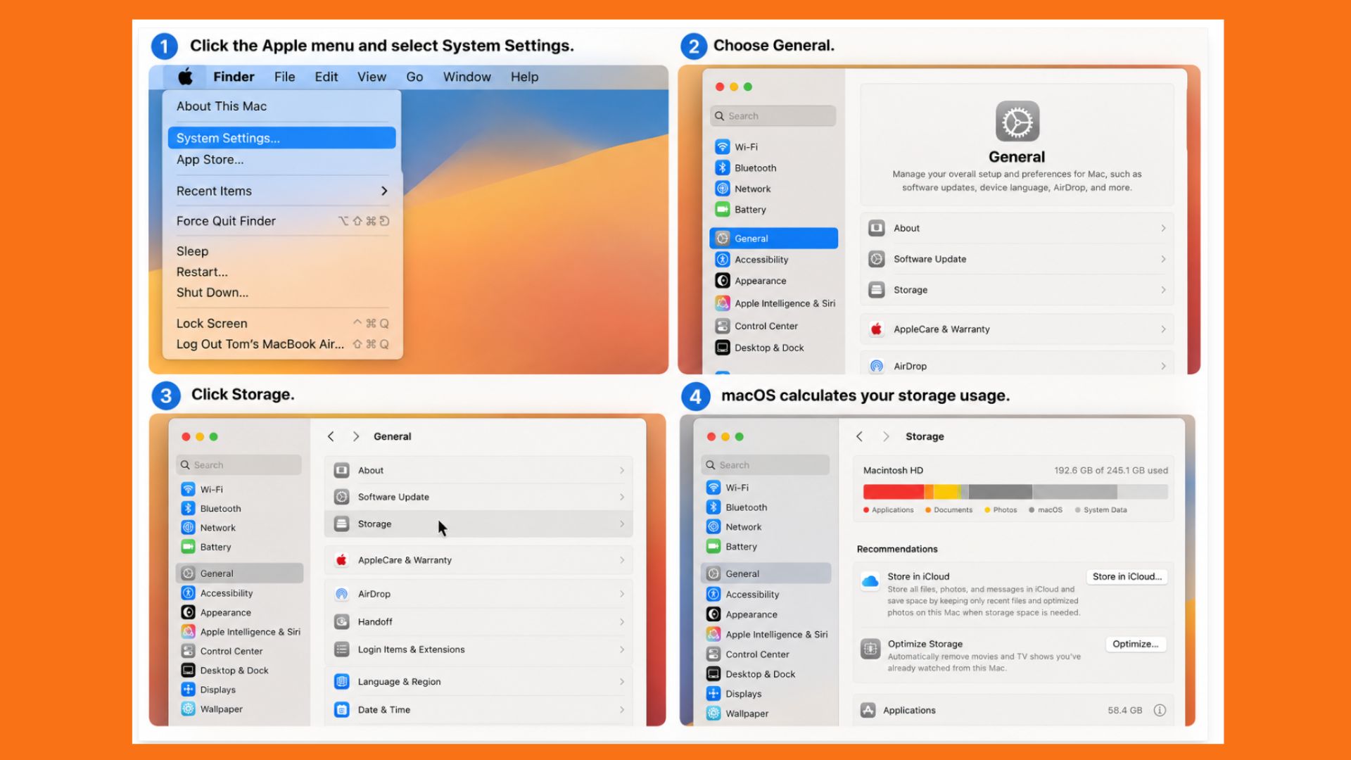 لقطة شاشة توضح إعدادات التخزين في macOS