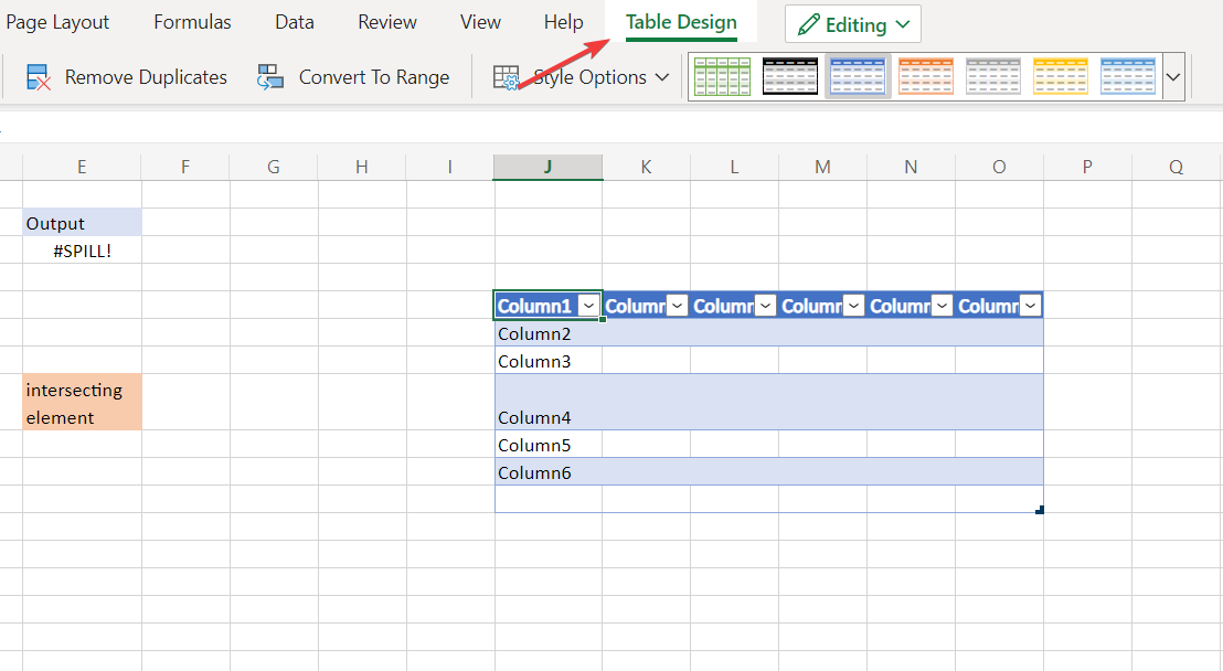 تصميم الجدول في Excel يوضح خطأ Spill
