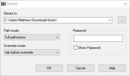 نافذة استخراج ملف TGZ في 7-Zip