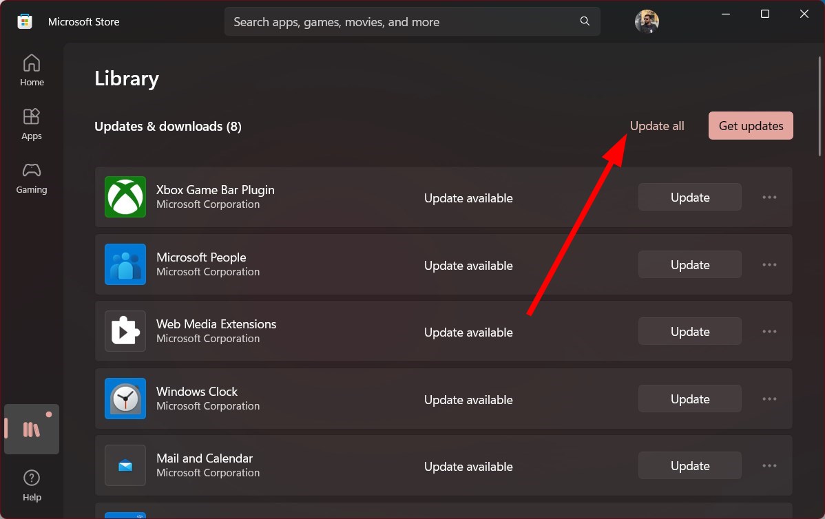 زر Update all في متجر Microsoft لتحديث جميع التطبيقات