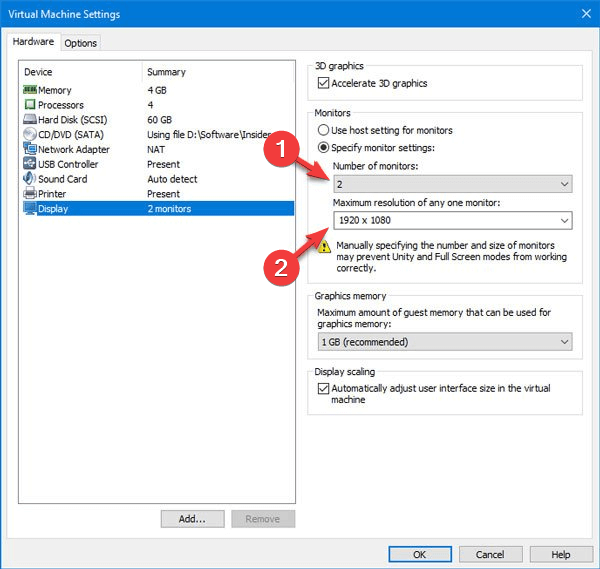 إعدادات العرض لـ VMware