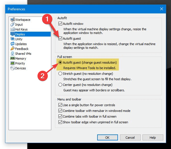 إعدادات تفضيلات ملء الشاشة في VMware