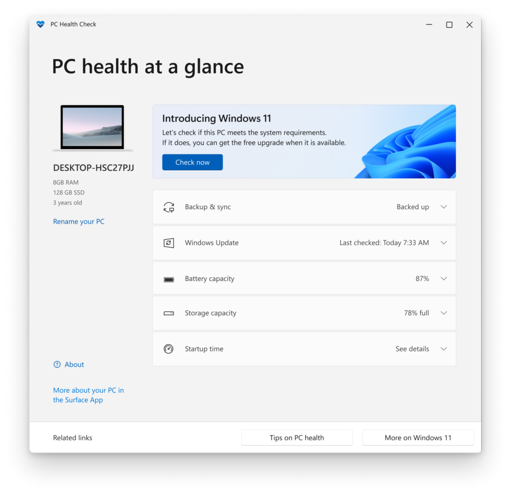 شاشة تطبيق PC Health Check تعرض نتائج فحص التوافق مع Windows 11