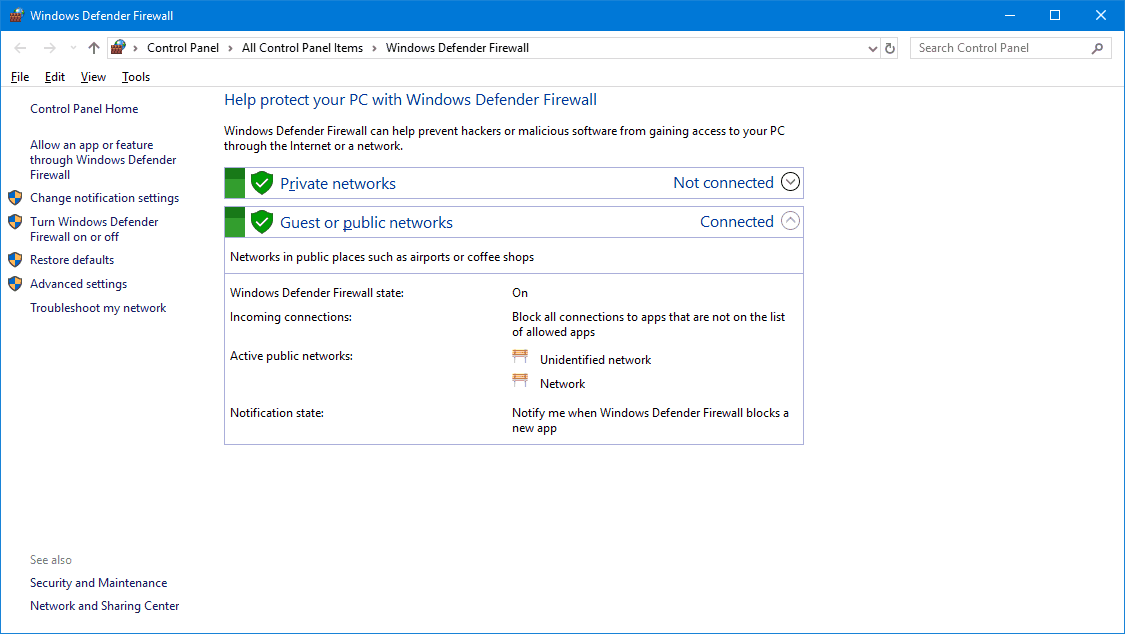 Instellingenvenster van Windows Defender Firewall