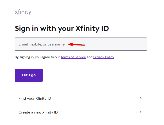 صورة توضح حقل إدخال معرف Xfinity
