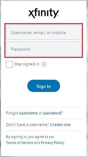 صورة توضح تسجيل الدخول إلى Xfinity عبر الهاتف المحمول