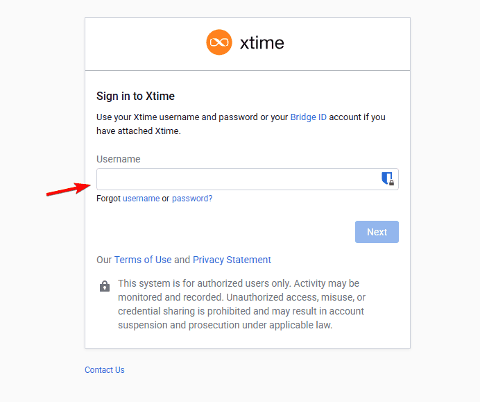 إدخال اسم المستخدم لتسجيل الدخول إلى Xtime