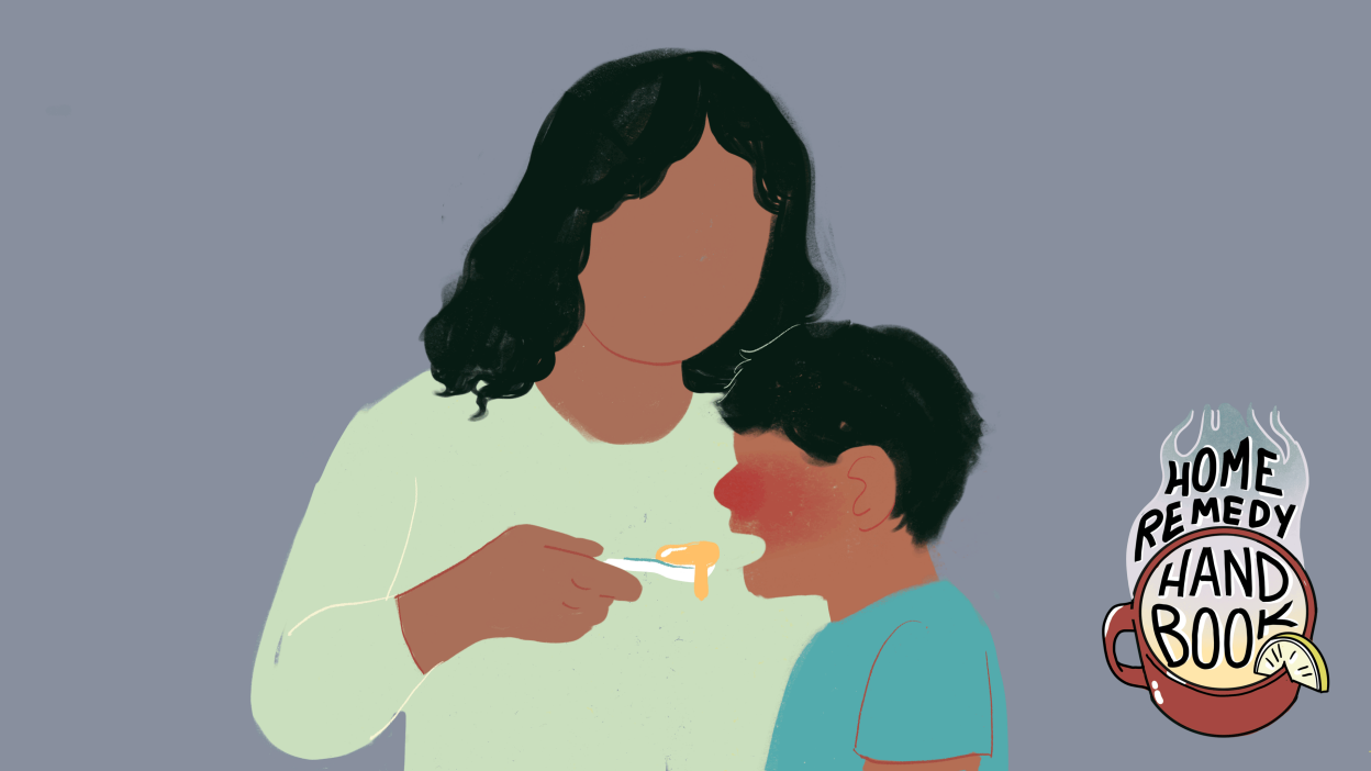 رسم توضيحي لأحد الوالدين يعطي طفلاً دواء على ملعقة