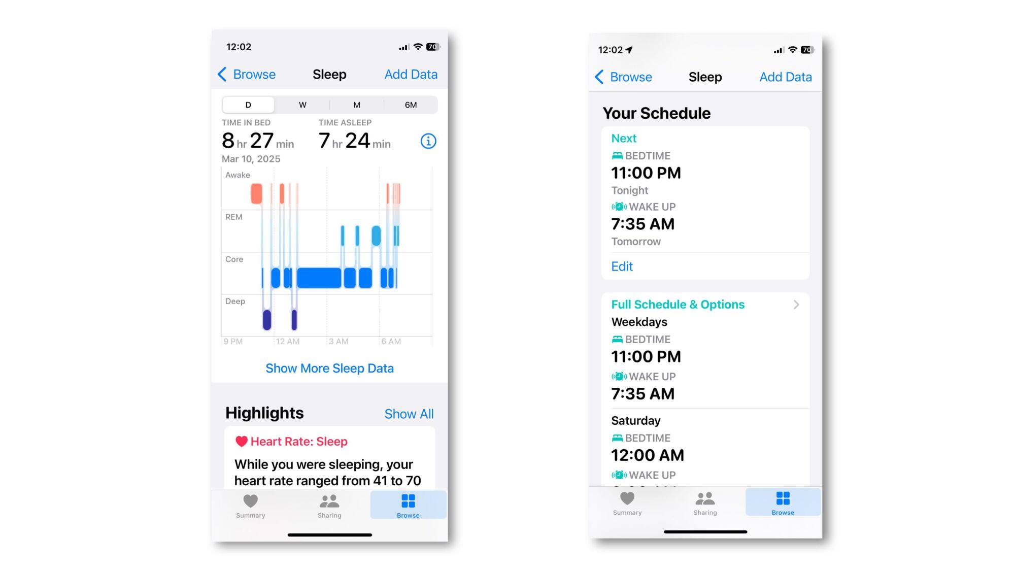 Sleep settings in the Health app