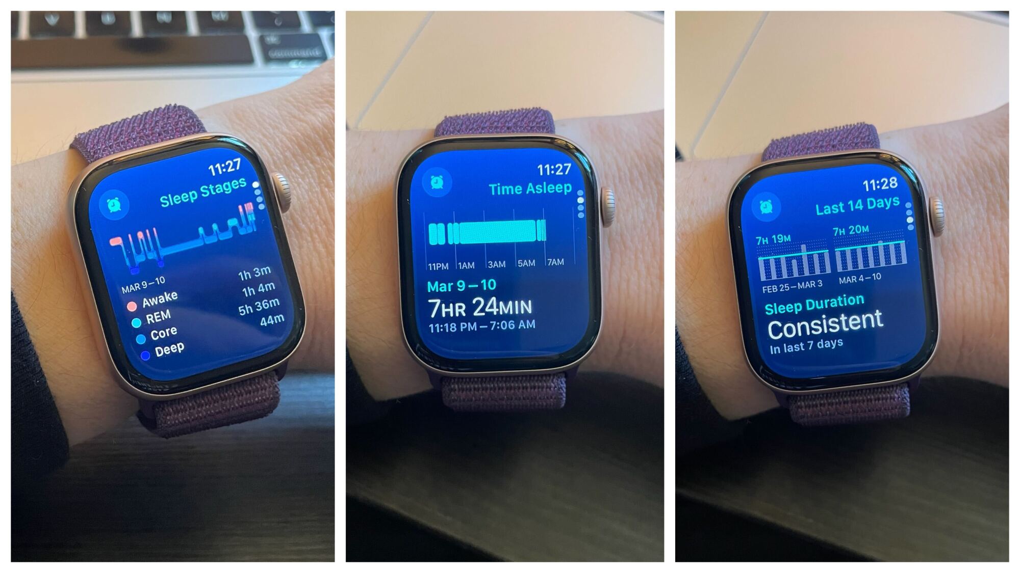 Photos of Apple Watch showing sleep data