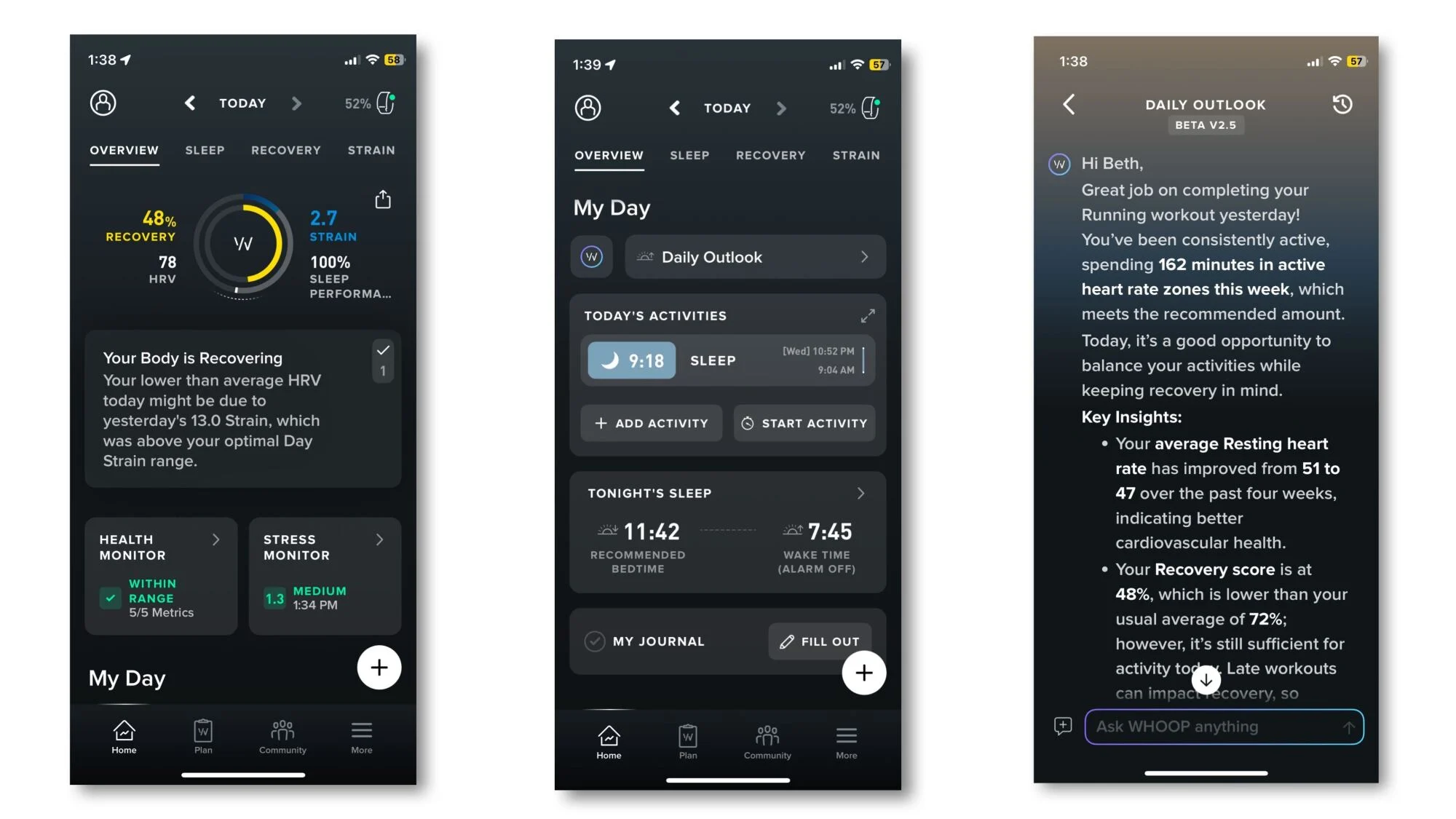 Main screens of Whoop