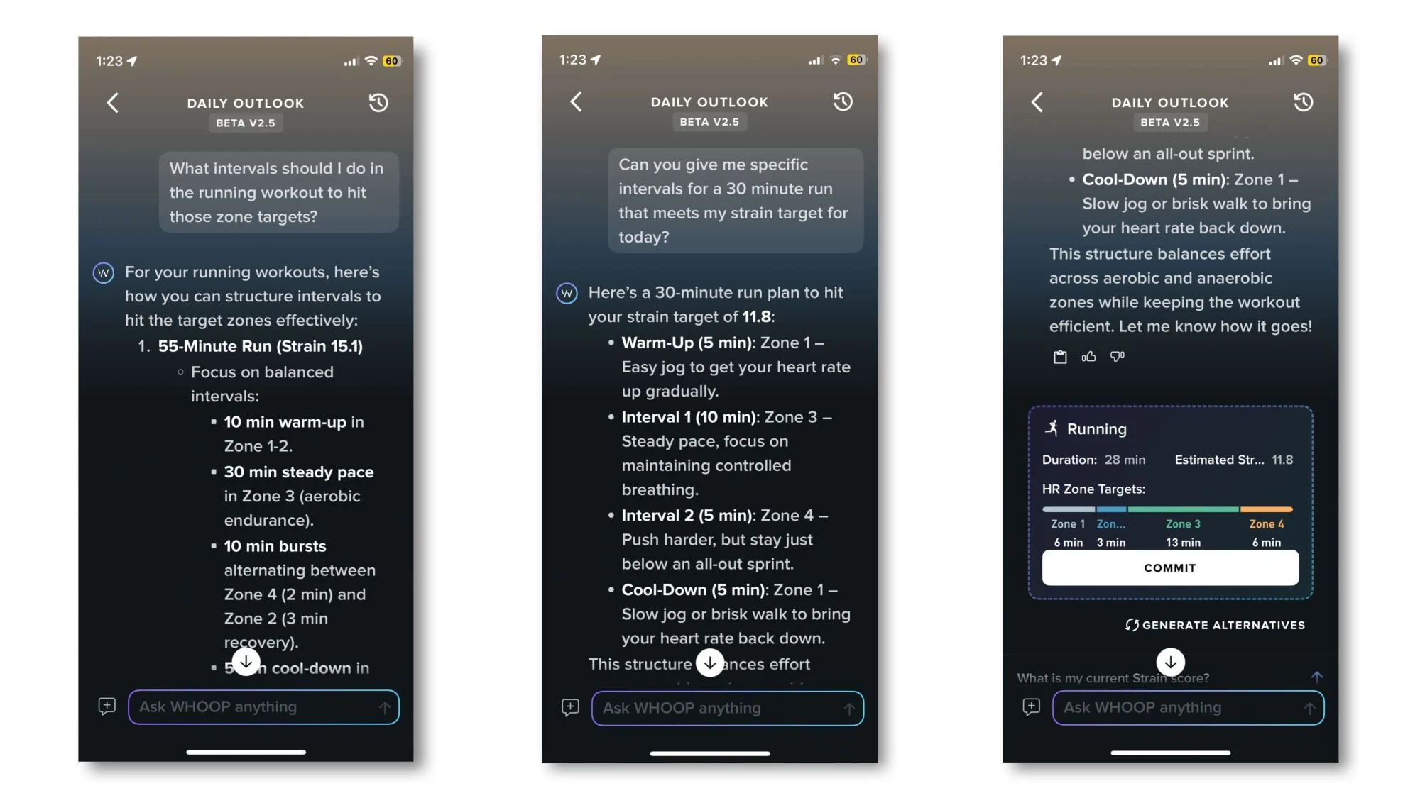لقطات شاشة لمحادثة مع Whoop Coach AI، كما هو موضح في النص