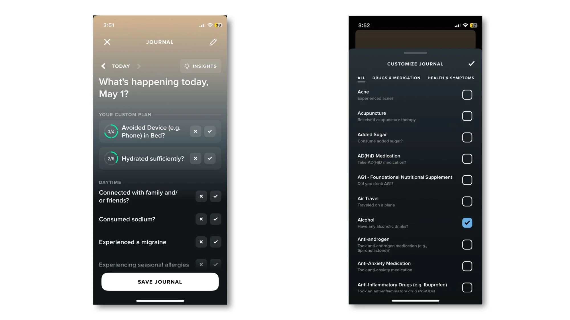 Whoop journal (left) and journal configuration (right)