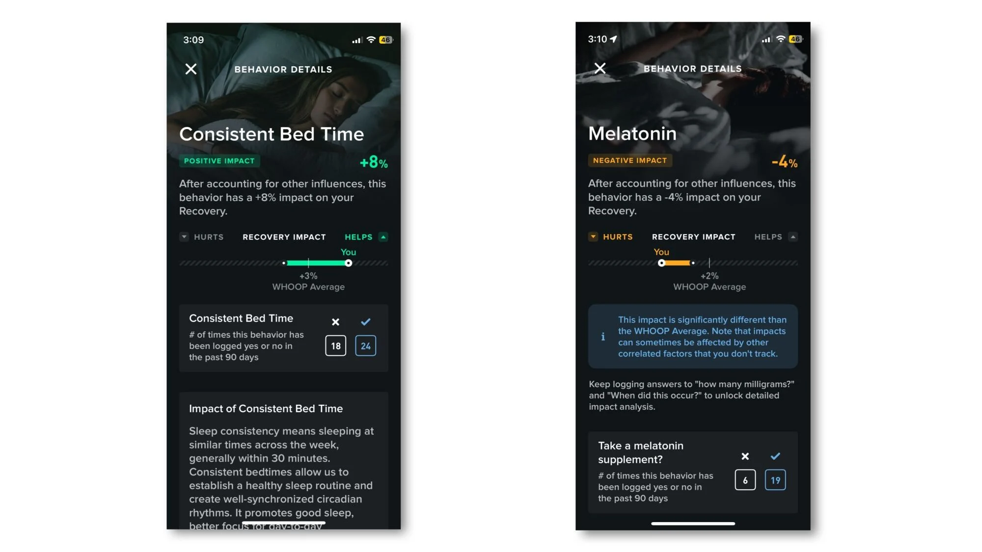 Insights: left, hydration is good for my recovery. Right, melatonin is bad for it...maybe.