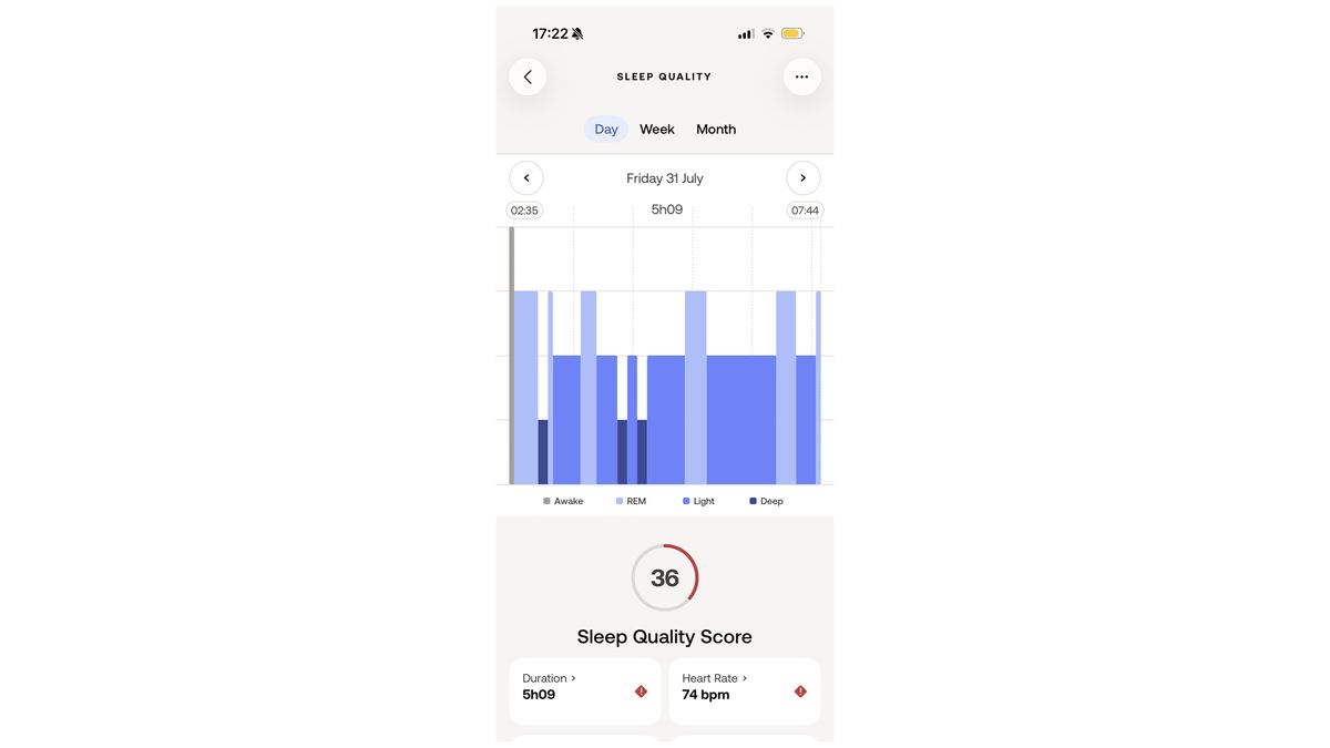 لقطة شاشة لتطبيق Withings Health تعرض نتيجة نوم 36