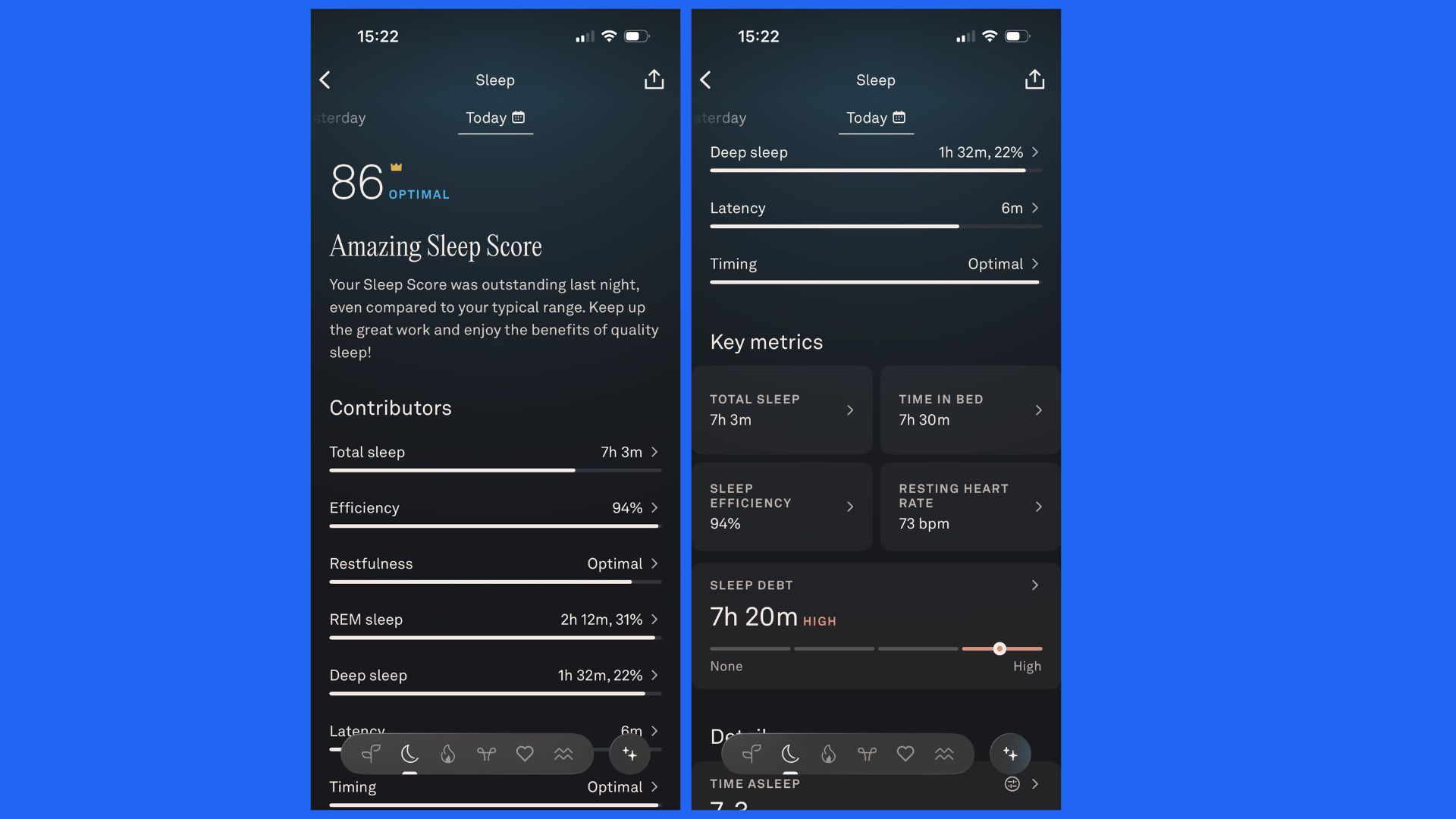 Captura de pantalla de la aplicación Oura que muestra las métricas de seguimiento del sueño.