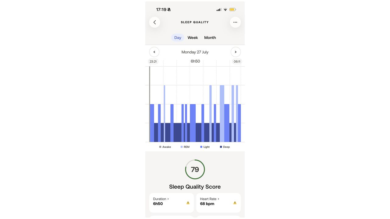 لقطة شاشة لتطبيق Withings Health تعرض نتيجة نوم 79