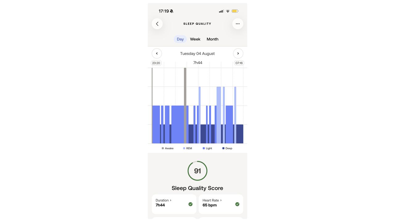 لقطة شاشة لتطبيق Withings Health تعرض نتيجة نوم 91