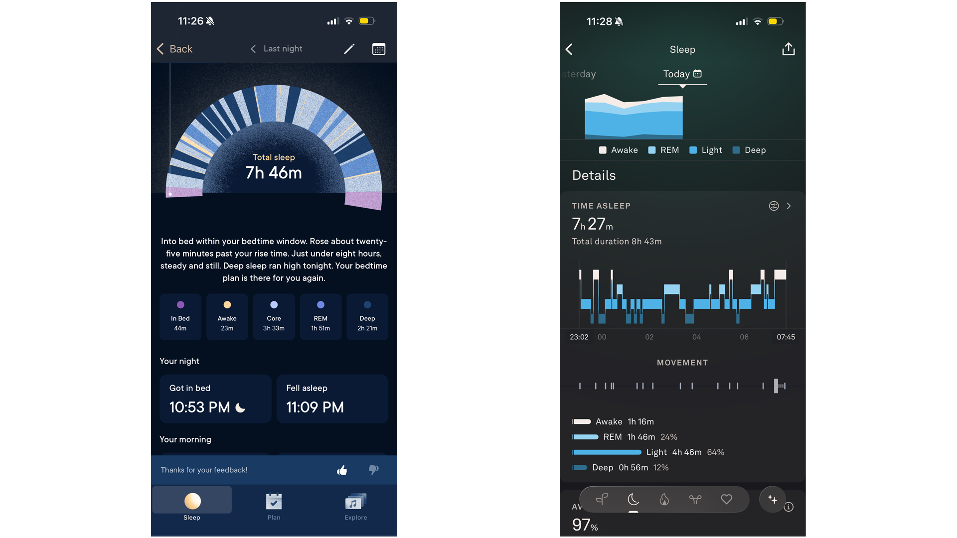 على اليسار، لقطة شاشة لتطبيق Hatch Sleep Clock تعرض بيانات نوم ليلة واحدة. على اليمين، لقطة شاشة لتطبيق Oura Ring 5 تعرض بيانات النوم لنفس الليلة.