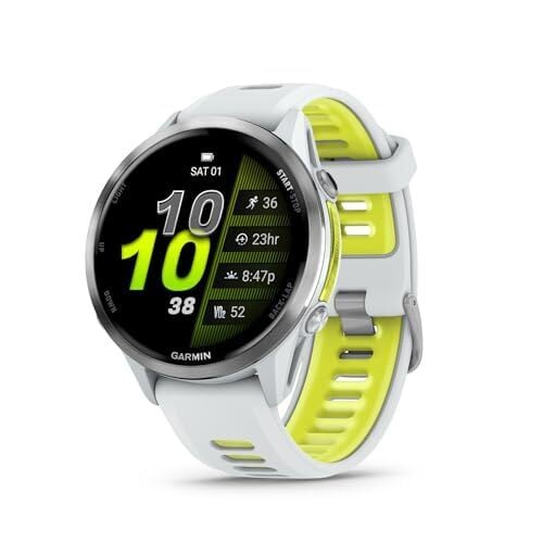 ساعة Garmin® Forerunner® 970 الذكية الممتازة للركض والتراياثلون بنظام تحديد المواقع العالمي (GPS)، شاشة AMOLED، مصباح LED مدمج، هيكل من التيتانيوم بلون Whitestone مع سوار Whitestone/Translucent Amp Yellow
