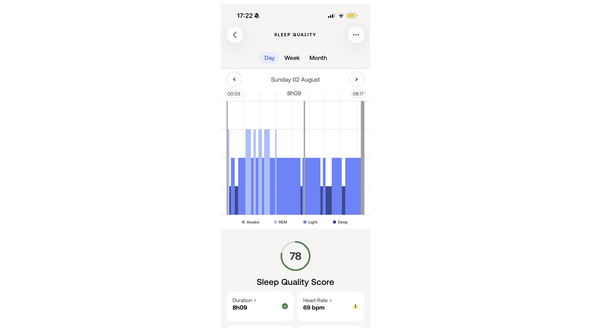 لقطة شاشة لتطبيق Withings Health تعرض درجة نوم 78