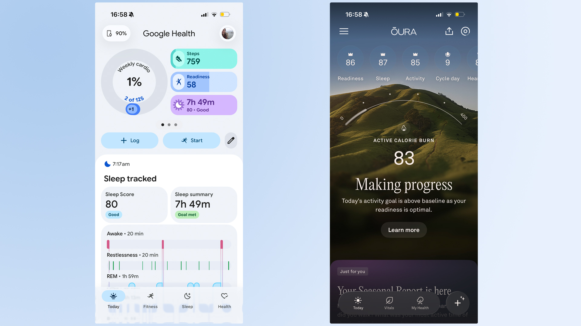 على اليسار، لقطة شاشة لتطبيق Google Fitbit Health. على اليمين، لقطة شاشة لتطبيق Oura
