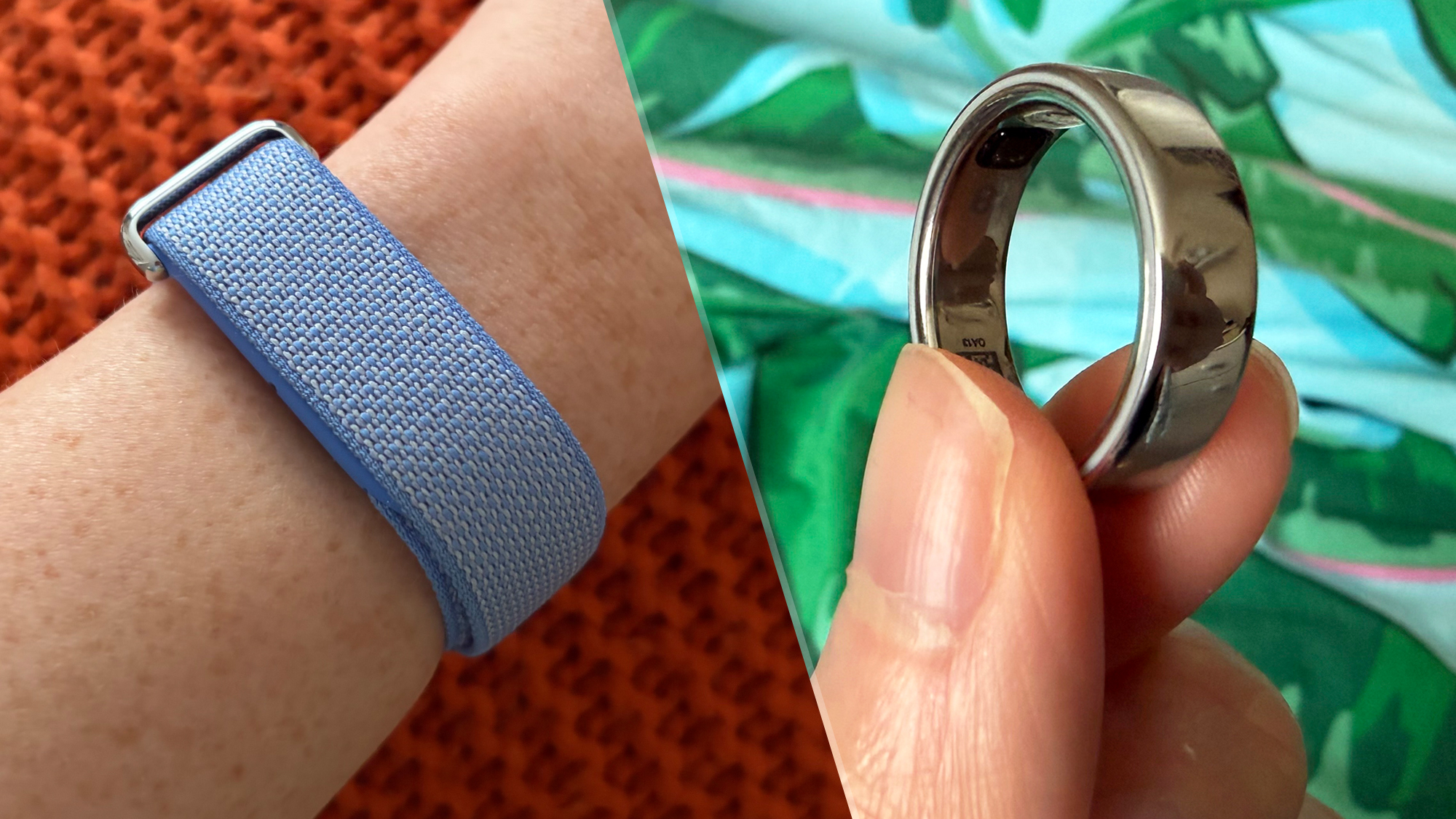 على اليسار، لقطة مقربة لمعصم يرتدي جهاز تتبع Fitbit Air. على اليمين، لقطة مقربة لخاتم Oura Ring 5 يُمسك بين إصبعين.