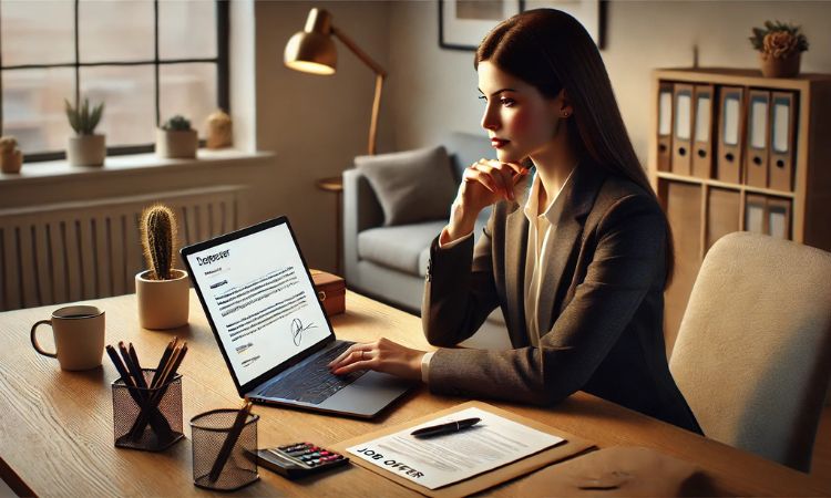 A female professional sitting at a modern office desk, carefully addressing his email to the correct recipient while declining a job offer. The laptop screen displays a well-structured email showing how to decline a job offer politely and professionally. A printed job offer letter, a pen, and office essentials are neatly arranged on the desk.