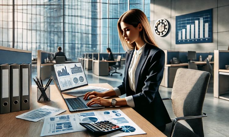 مُدققة حسابات في وظائف مصرفية تفحص البيانات المالية، وتضمن الامتثال للوائح التنظيمية، وتمنع الاحتيال في مكتب مصرفي احترافي.