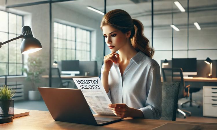 موظفة تبحث عن مقارنات الرواتب على حاسوبها المحمول في مكتب احترافي، وتستعد لمناقشة متى تطلب زيادة مع صاحب العمل.