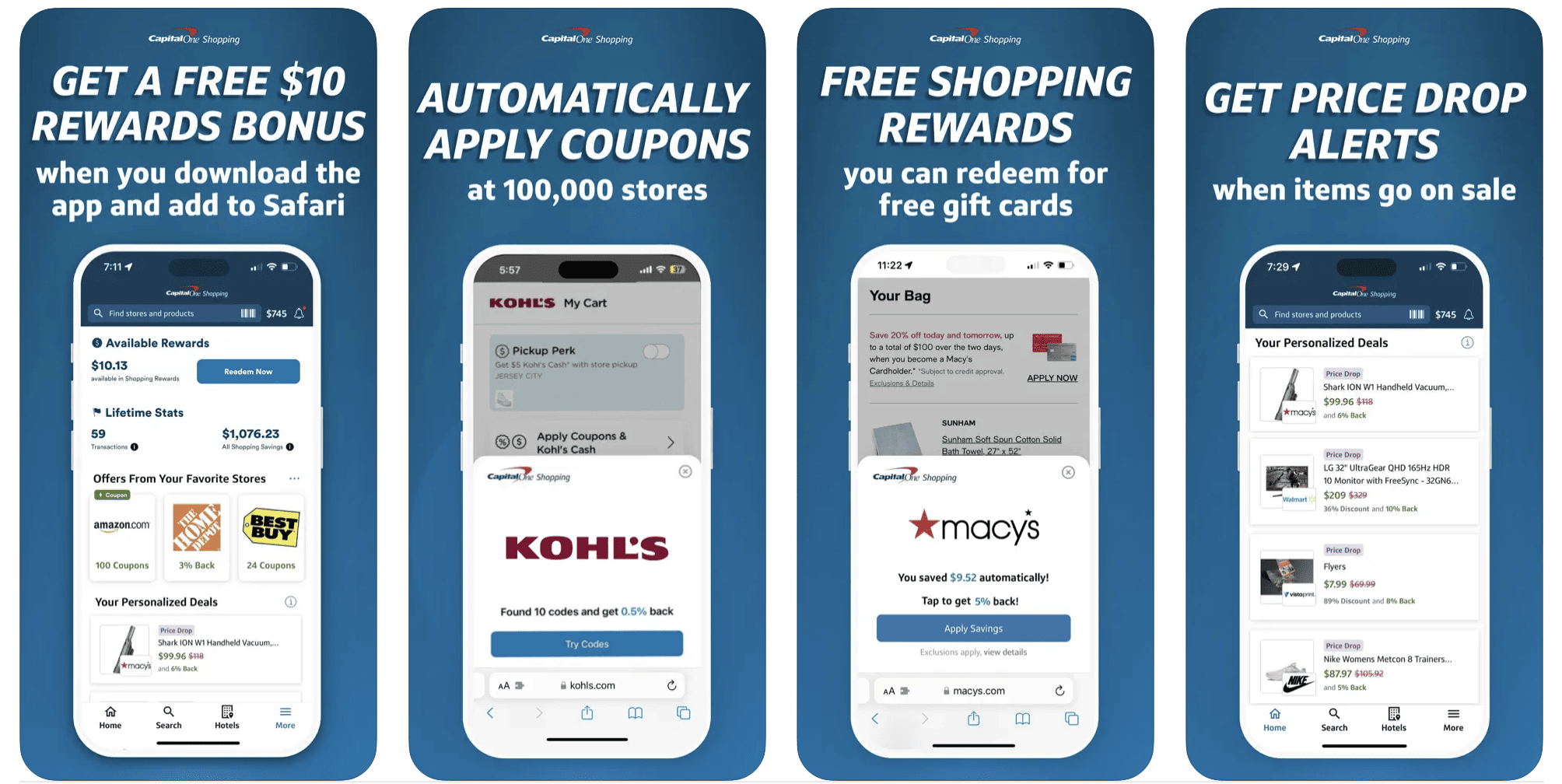 لقطات شاشة تطبيق Capital One Shopping.