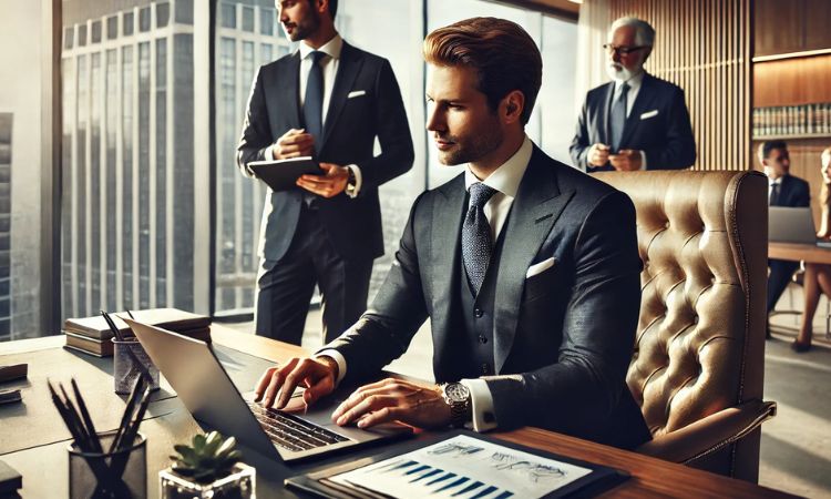 الرئيس التنفيذي لأحد البنوك الكبرى يراجع التقارير المالية، ويقود فريقًا، ويتخذ قرارات مالية رئيسية في قطاع الوظائف المصرفية. 