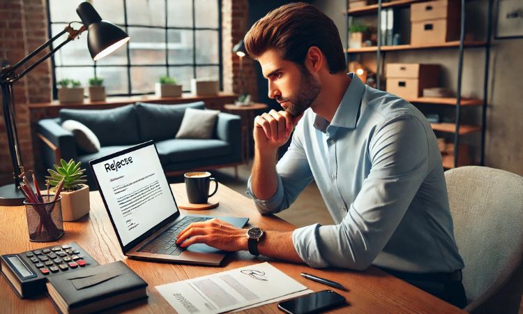 موظف يفكر ملياً في مكتب حديث، ويكتب بريدًا إلكترونيًا برفض عرض عمل بأدب. تُظهر شاشة حاسوبه المحمول بريدًا إلكترونيًا للاعتذار عن رفض العرض مع ضمان الحفاظ على علاقة إيجابية مع صاحب العمل.