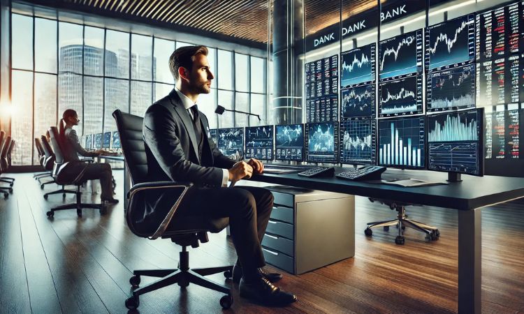 متداول أسهم في وظائف مصرفية يُحلل اتجاهات سوق الأسهم، ويتخذ قرارات تداول، ويتعامل مع الأصول المالية في بنك كبير.