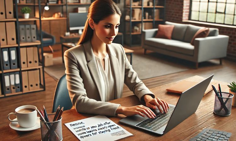 صورة احترافية لامرأة ترتدي زيًا رسميًا غير رسمي، تجلس على مكتبها في المكتب، وتكتب بريدًا إلكترونيًا حول كيفية رفض عرض عمل مع ترك الأبواب مفتوحة لفرص مستقبلية. يتميز المكتب بإضاءة دافئة، وكوب قهوة، ونبتة صغيرة محفوظ بوعاء، مما يخلق جوًا ترحيبيًا.