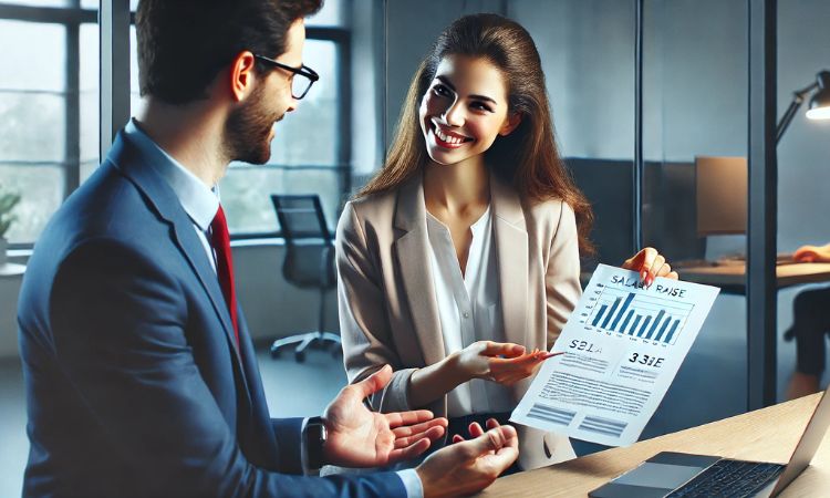 مكتب احترافي حيث تناقش موظفة زيادة الراتب مع مديرها بعد مراجعة أداء إيجابية، مع تسليط الضوء على الوقت المناسب لطلب زيادة.