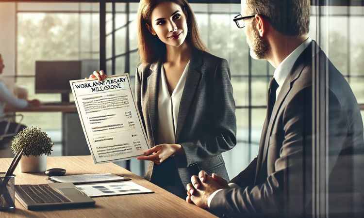 A female employee discusses her work anniversary milestone with her manager, negotiating when to ask for a raise based on her dedication and contributions.