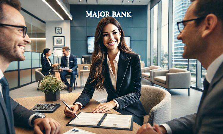 مديرة علاقات عملاء في وظائف مصرفية تتفاعل مع العملاء وتبني علاقات قوية معهم في بيئة عمل مصرفية احترافية.