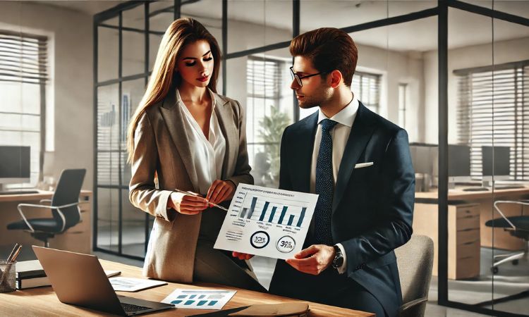 A female employee confidently presents a report of her achievements to her manager in a modern office, demonstrating when to ask for a raise based on results.