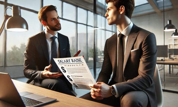 موظف يناقش بثقة زيادة الراتب مع مديره في مكتب حديث، مستفيدًا من الأداء القوي للشركة كوقت مناسب لطلب الزيادة. 