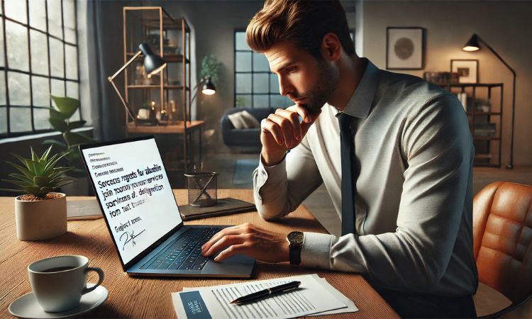 موظف يجلس على مكتب حديث، يكتب بريدًا إلكترونيًا على جهاز الكمبيوتر المحمول الخاص به مع عنوان بريد إلكتروني مهذب يشرح كيفية رفض عرض العمل باحترافية. تعرض شاشة الكمبيوتر المحمول بريدًا إلكترونيًا منظمًا للرفض، مما يضمن اتباع نهج محترم.