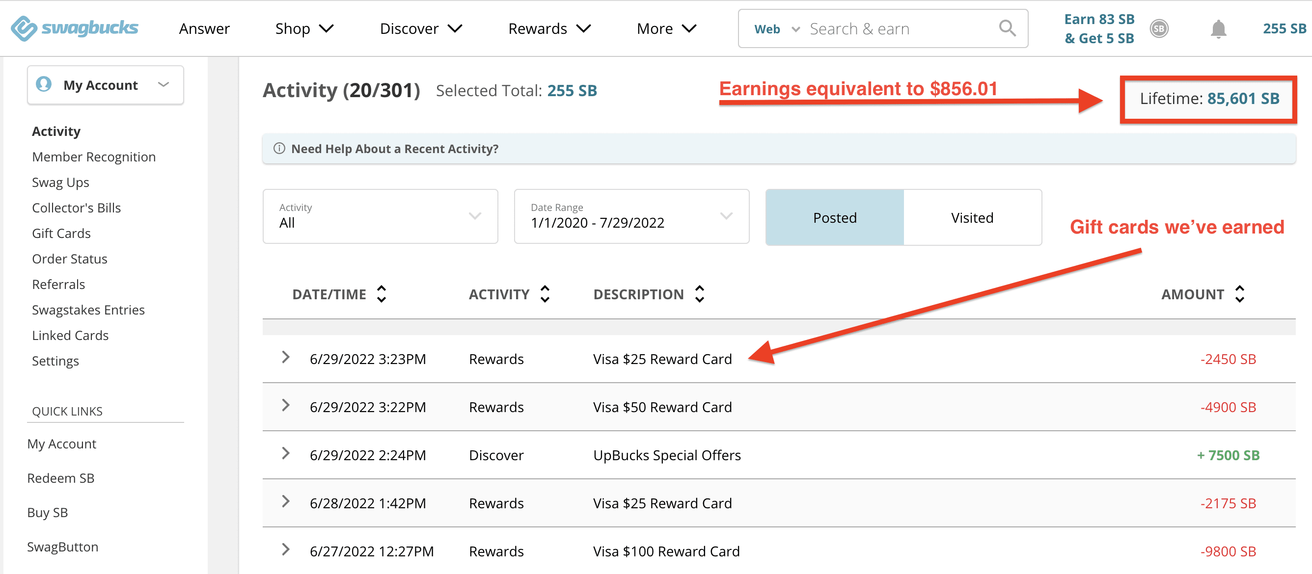 إثبات أرباحنا من Swagbucks