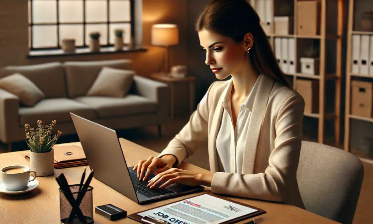 موظفة محترفة تجلس على مكتب أنيق في مكتب مضاء جيدًا، وتكتب بريدًا إلكترونيًا على حاسوبها المحمول بعناية، مما يدل على كيفية رفض عرض العمل بأسلوب لبق. تتضمن مساحة العمل خطاب عرض عمل مطبوعًا، وكوب قهوة، وأدوات مكتبية مرتبة بعناية.