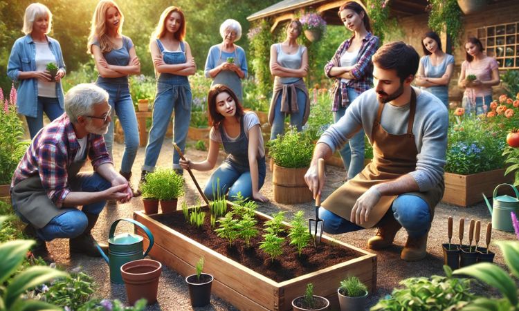 مدرب بستنة يُعلّم مجموعة صغيرة في بيئة خارجية خصبة، يمثل وظائف بدوام جزئي في عطلة نهاية الأسبوع في مجال البستنة.