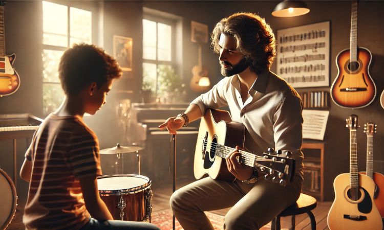 A passionate music teacher guiding a student in a cozy setting, highlighting Weekend Part-Time Jobs in music instruction.