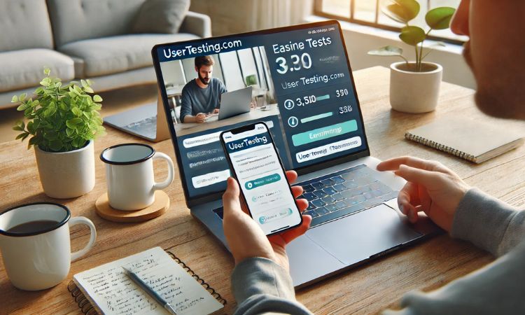 شخص يعمل كمختبر مواقع على UserTesting، يستخدم جهاز كمبيوتر محمول لمراجعة لوحة معلومات اختبار الموقع في مكتب منزلي احترافي
